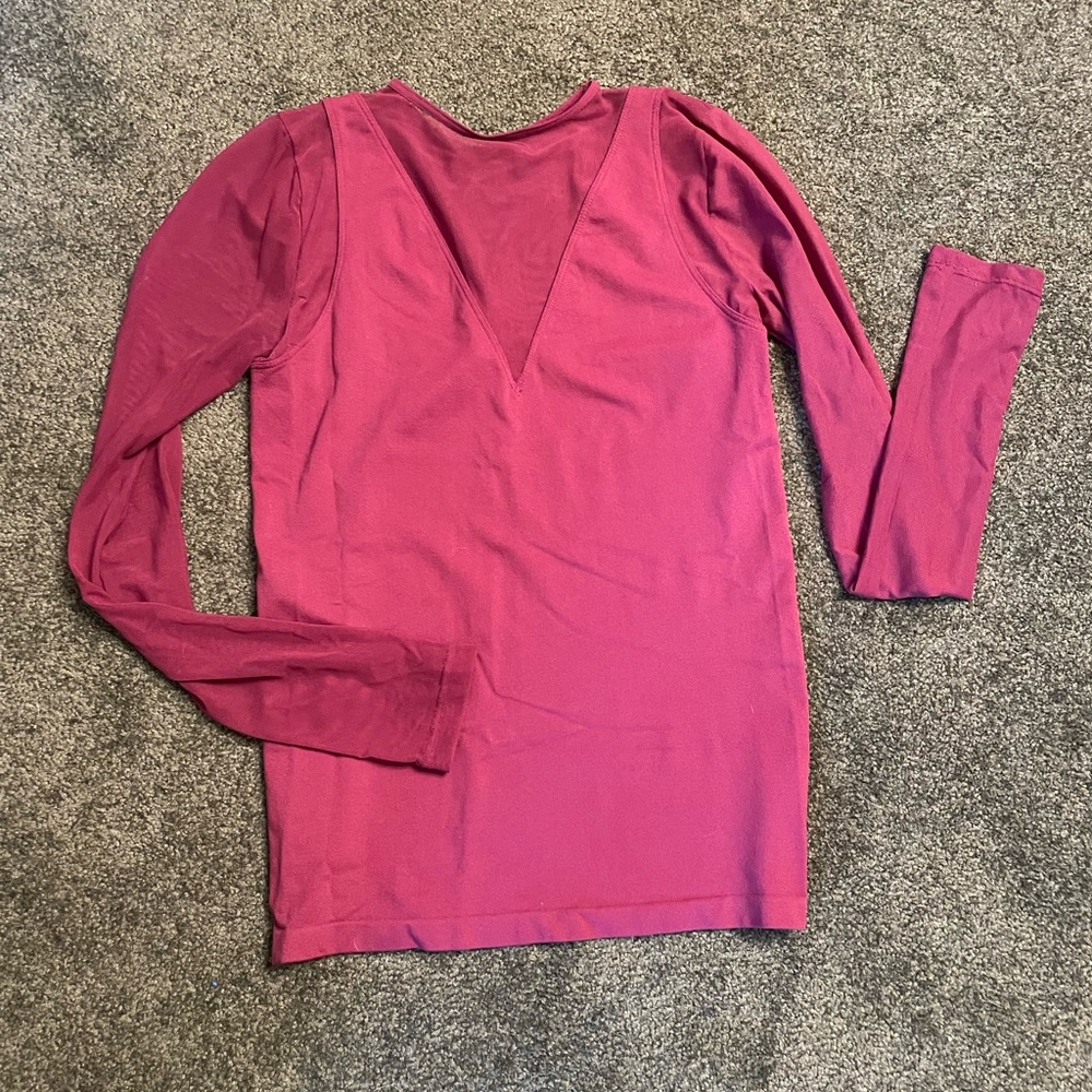 Maroon long sleeve top with mesh accents